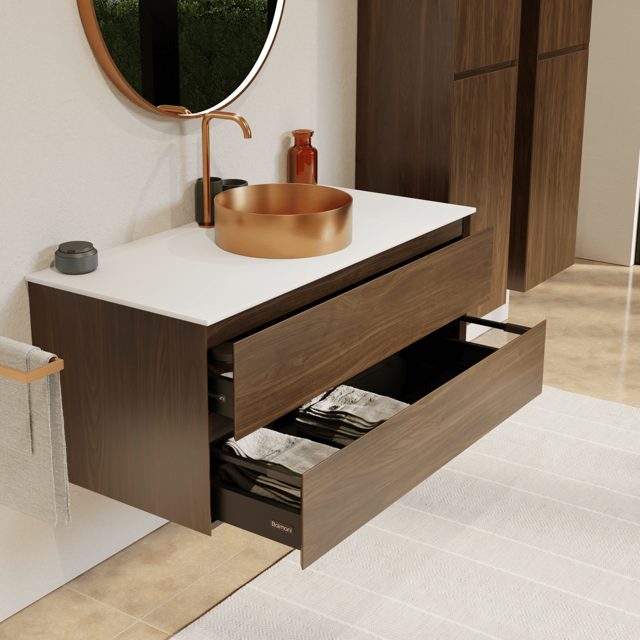 Balmani Mitra hängendes Möbelstück Set: 120 x 55 cm, Amerikanischer Nussbaum, mit Stretto Einzel- oder Doppel Waschtischplatte, Solid Surface Weiß matt