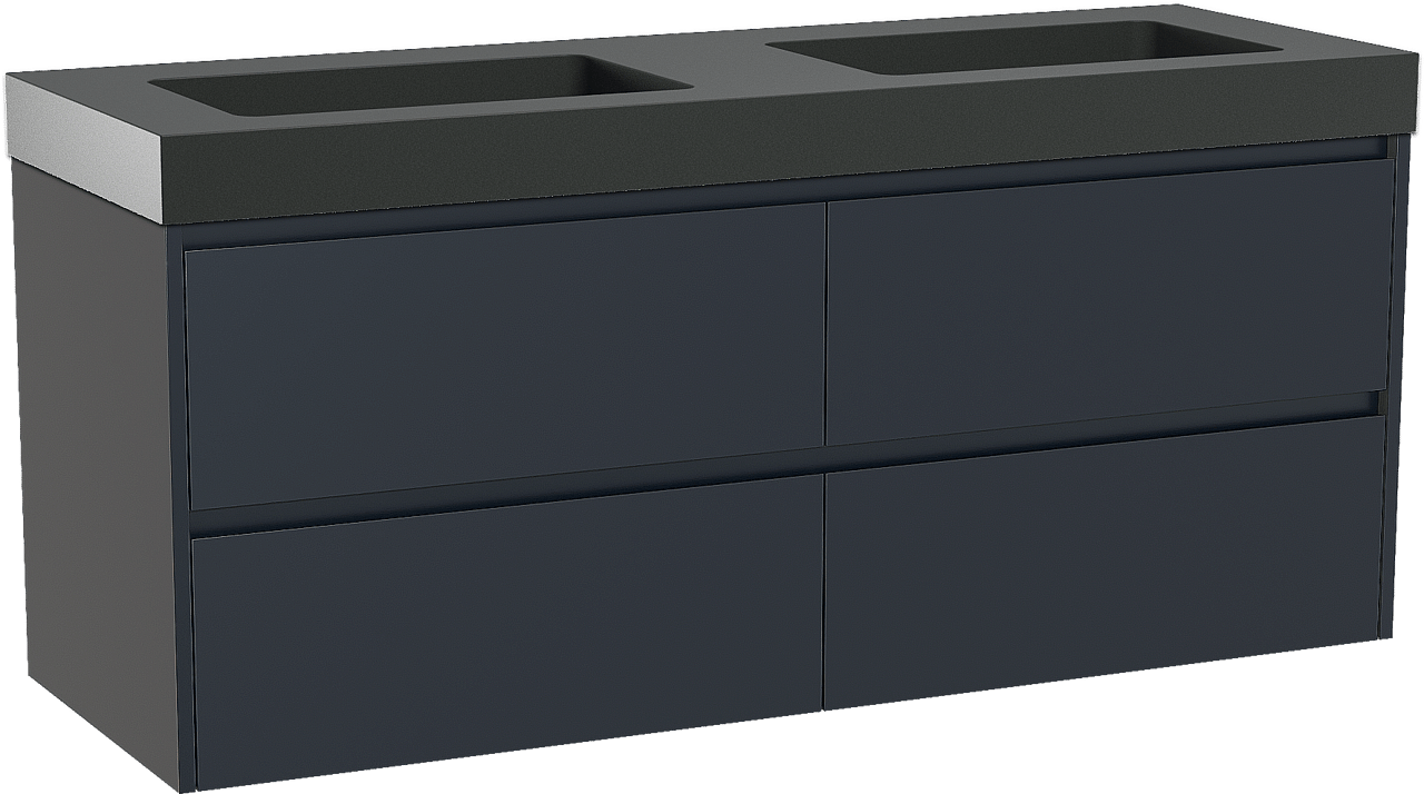 Storke Seda zwevend badmeubel 150 x 52 cm nachtblauw met Scuro High dubbele wastafel in kwarts mat zwart