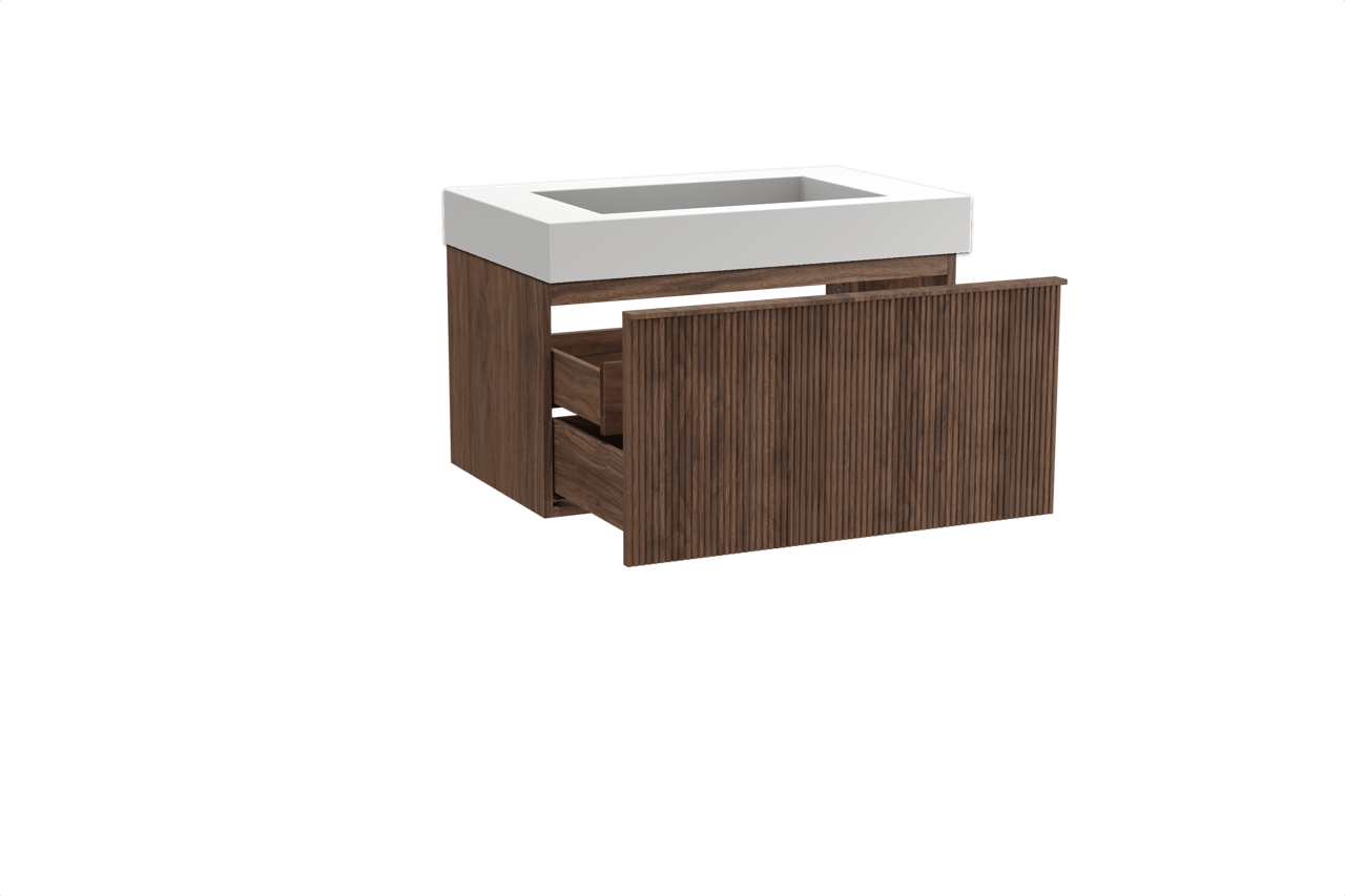 Balmani Forma hängendes Möbelstück Set: 90 x 55 cm, Amerikanischer Nussbaum, mit Modus Einzelwaschtisch, Solid Surface, Weiß matt, Vertikale symmetrische gerade Rippe