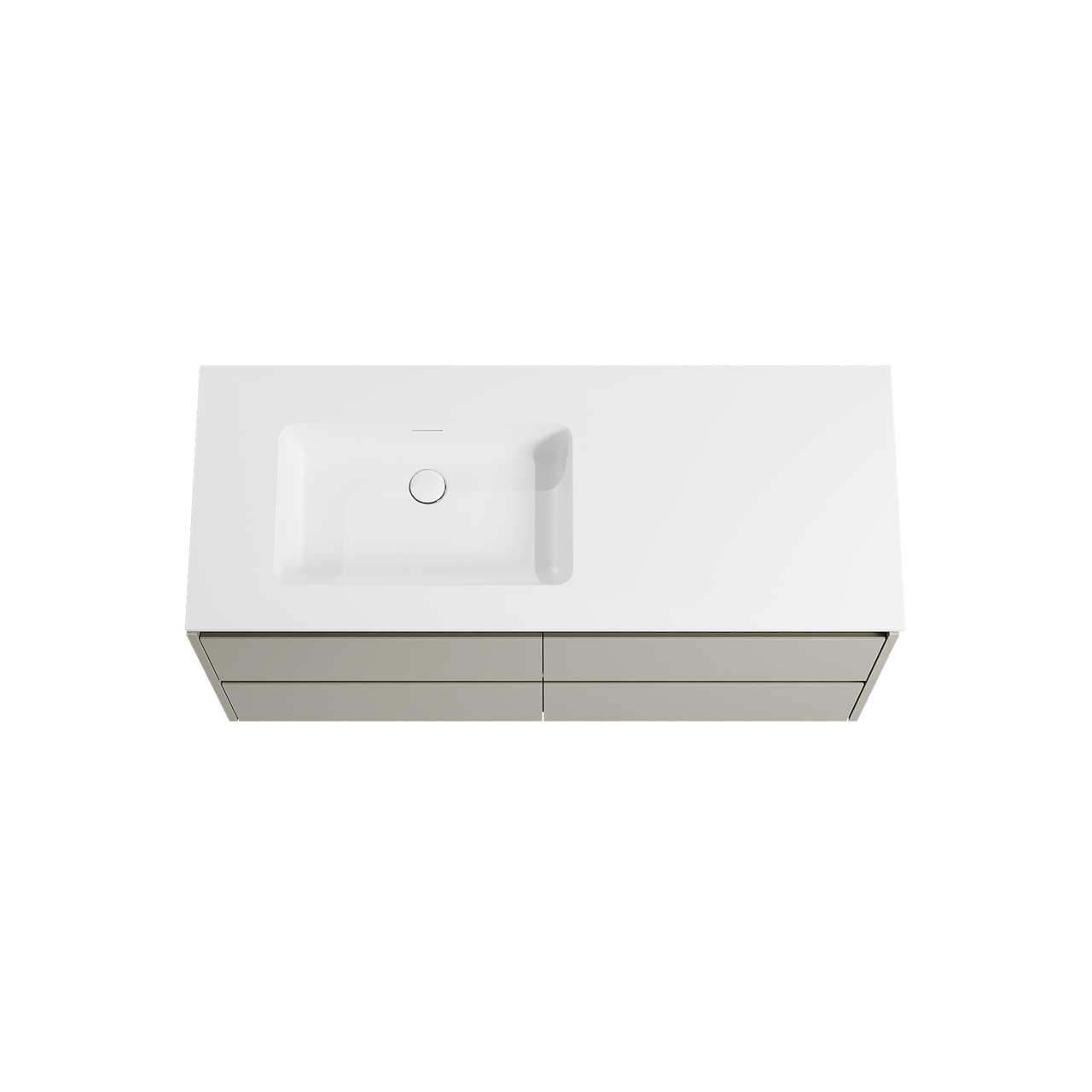 Storke Seda zwevend badmeubel 130 x 52 cm zijdegrijs met Mata asymmetrisch linkse wastafel in solid surface mat wit