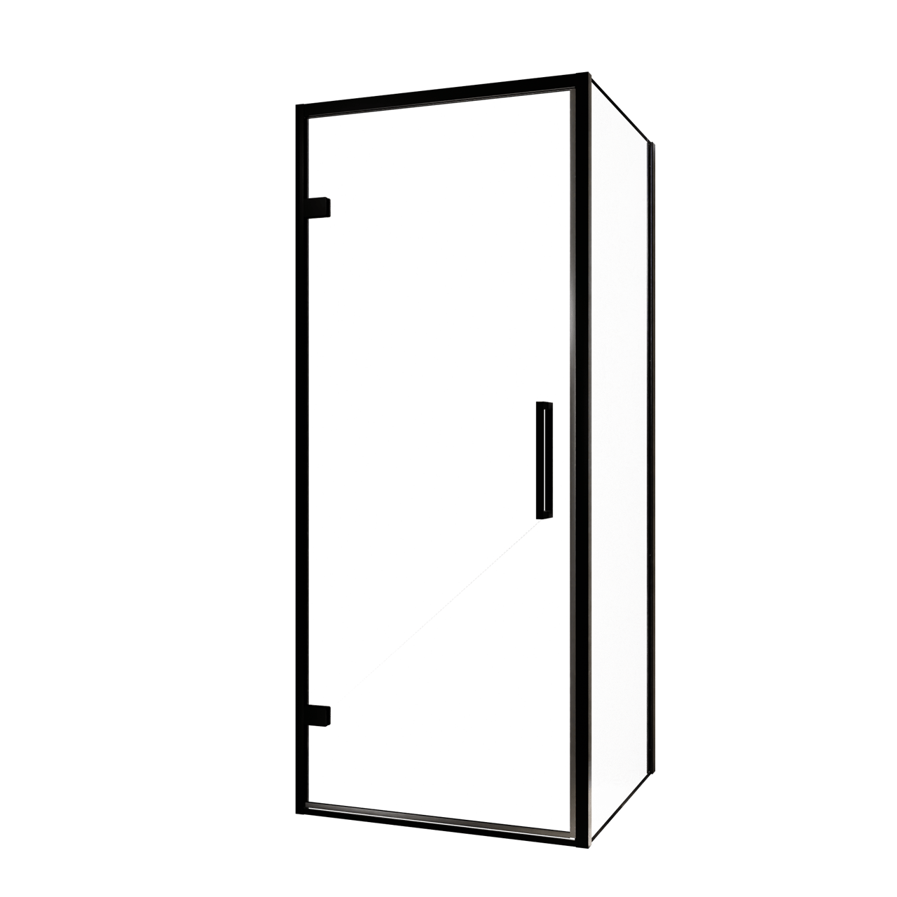 Balmani Senses Design douche en coin avec porte pivotante à gauche et paroi latérale fixe, 90 x 90 cm, Verre transparent, Profil noir, coating inclus