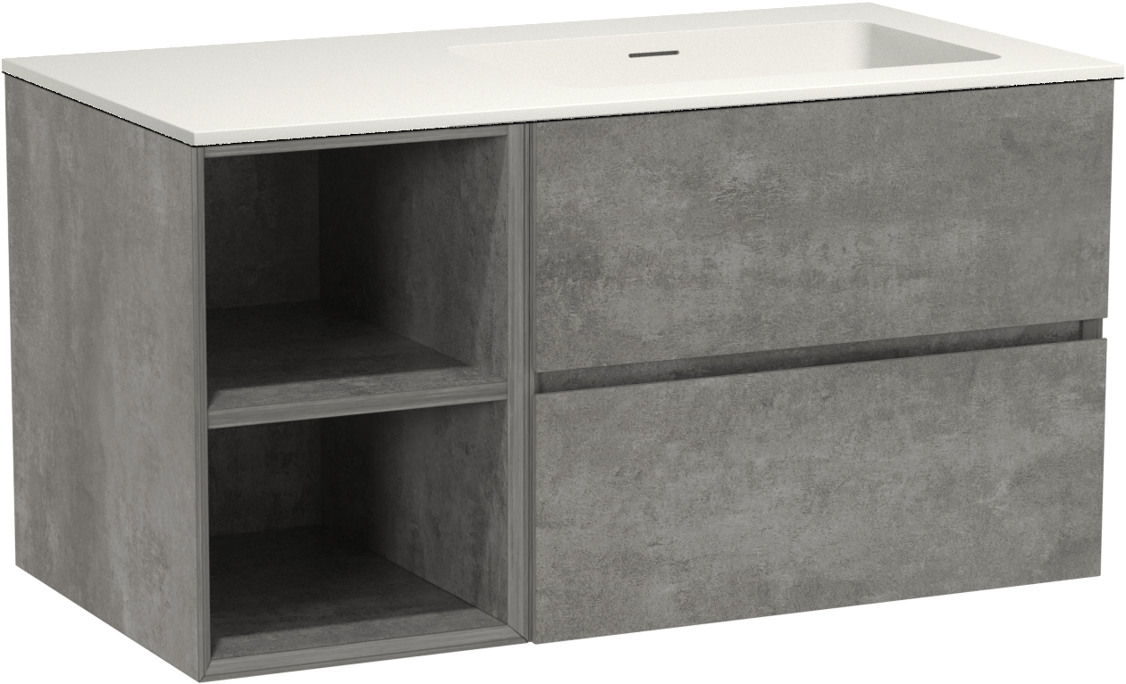 Storke Edge meuble salle de bains suspendu 100 x 52 cm béton gris foncé avec Mata vasque asymétrique droite en solid surface blanc mat
