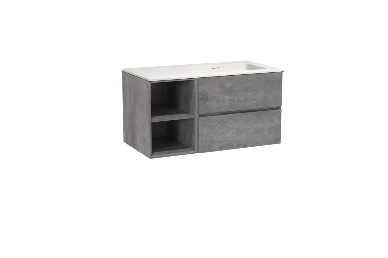 Storke Edge meuble salle de bains suspendu 100 x 52 cm béton gris foncé avec Mata plan vasque asymétrique à droite en solid surface blanc mat