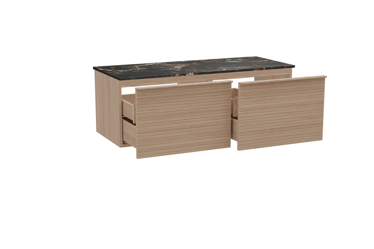 Balmani Forma hängendes Möbelstück Set: 135 x 55 cm, Naturbelassene Eiche, mit Stretto Einzel- oder Doppel Waschtischplatte, Marmor, Portoro Gold, Horizontale symmetrische gerade Rippe