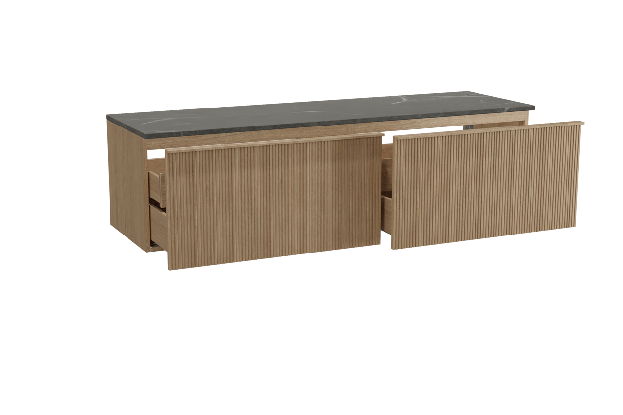 Balmani Forma meuble salle de bains suspendu 180 x 55 cm chêne naturel avec Stretto tablette simple ou double en marbre pietra grey, Nervure droite symétrique verticale