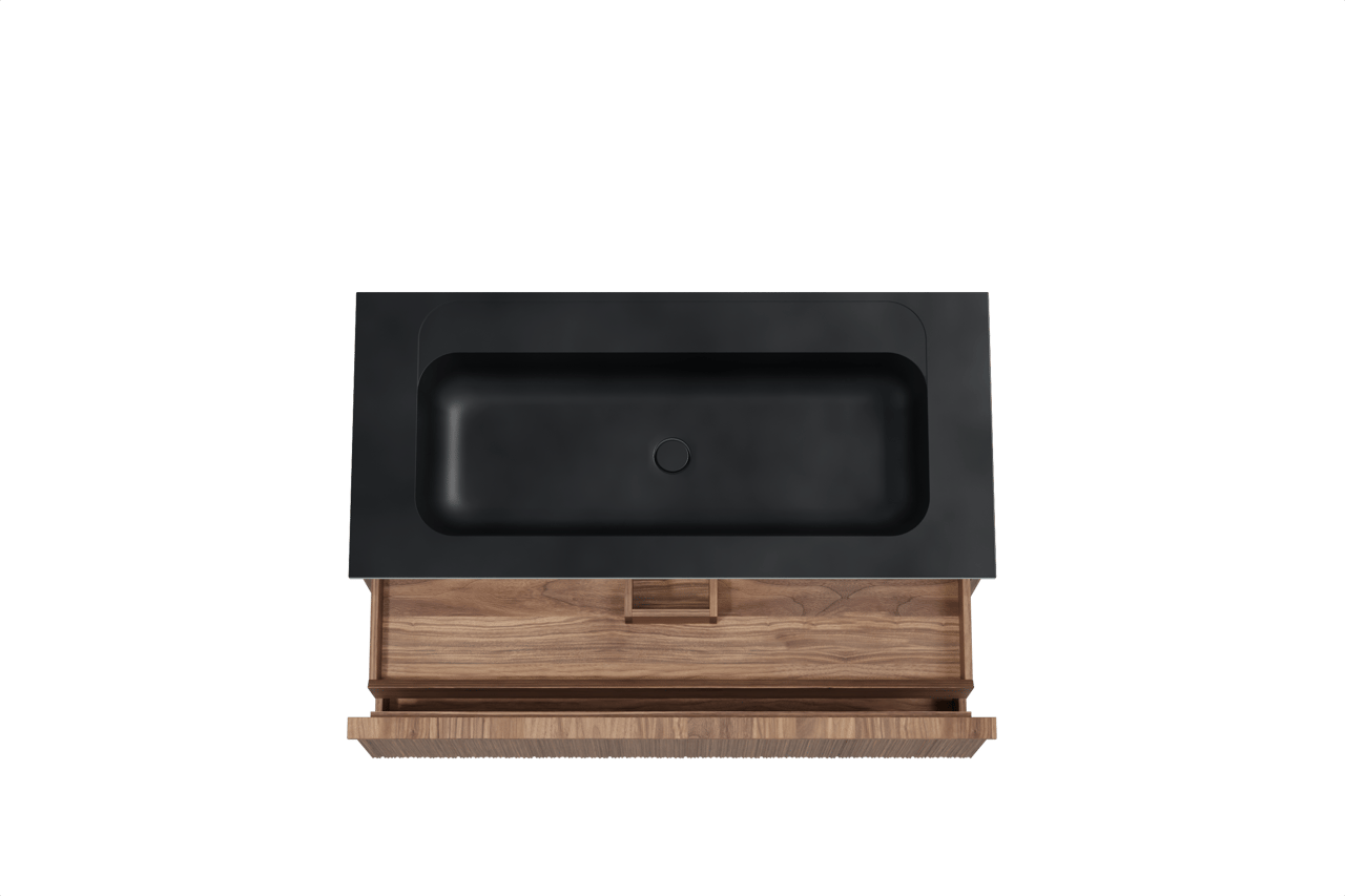 Balmani Forma meuble salle de bains suspendu 120 x 55 cm noyer américain avec Tablo Strada lavabo simple pour 2 trous de robinet en marbre composite noir mat, Nervure circulaire asymétrique verticale