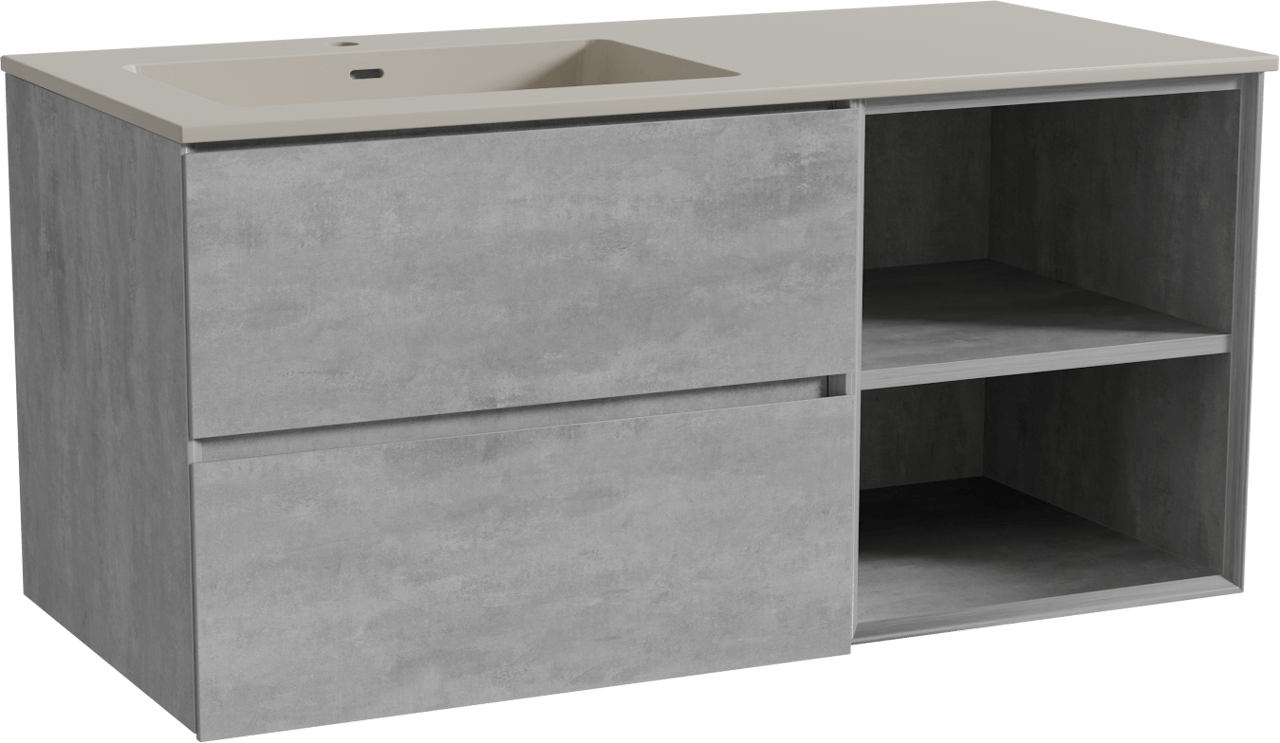 Storke Edge zwevend badkamermeubel 110 x 52 cm beton donkergrijs met Diva asymmetrisch linkse wastafel in top solid zijdegrijs