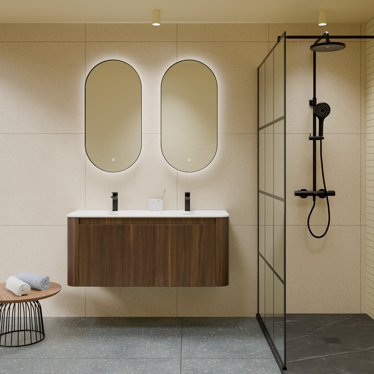 Storke Soft meuble salle de bains suspendu 120 x 46 cm noyer avec Mata Soft double vasque en Solid Surface blanc mat