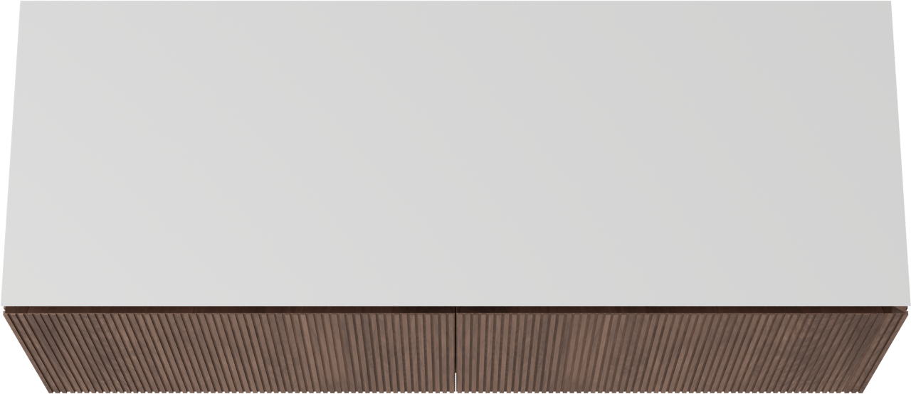 Balmani Eclips zwevend badkamermeubel 150 x 55 cm Amerikaanse notelaar met Eclips enkel of dubbel tablet in Solid Surface mat wit, Verticale symmetrische rechte ribbel