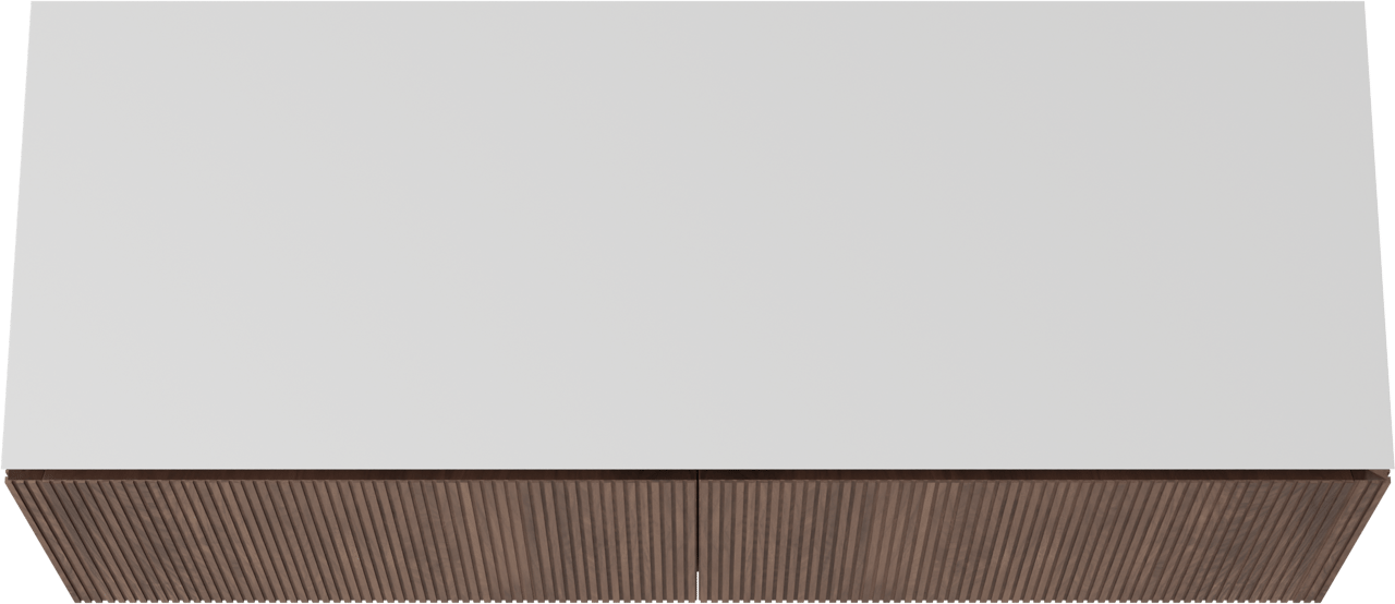 Balmani Eclips meuble salle de bains suspendu 150 x 55 cm Noyer américain avec Eclips tablette simple ou double vasque en Solid Surface blanc mat, Nervure droite symétrique verticale