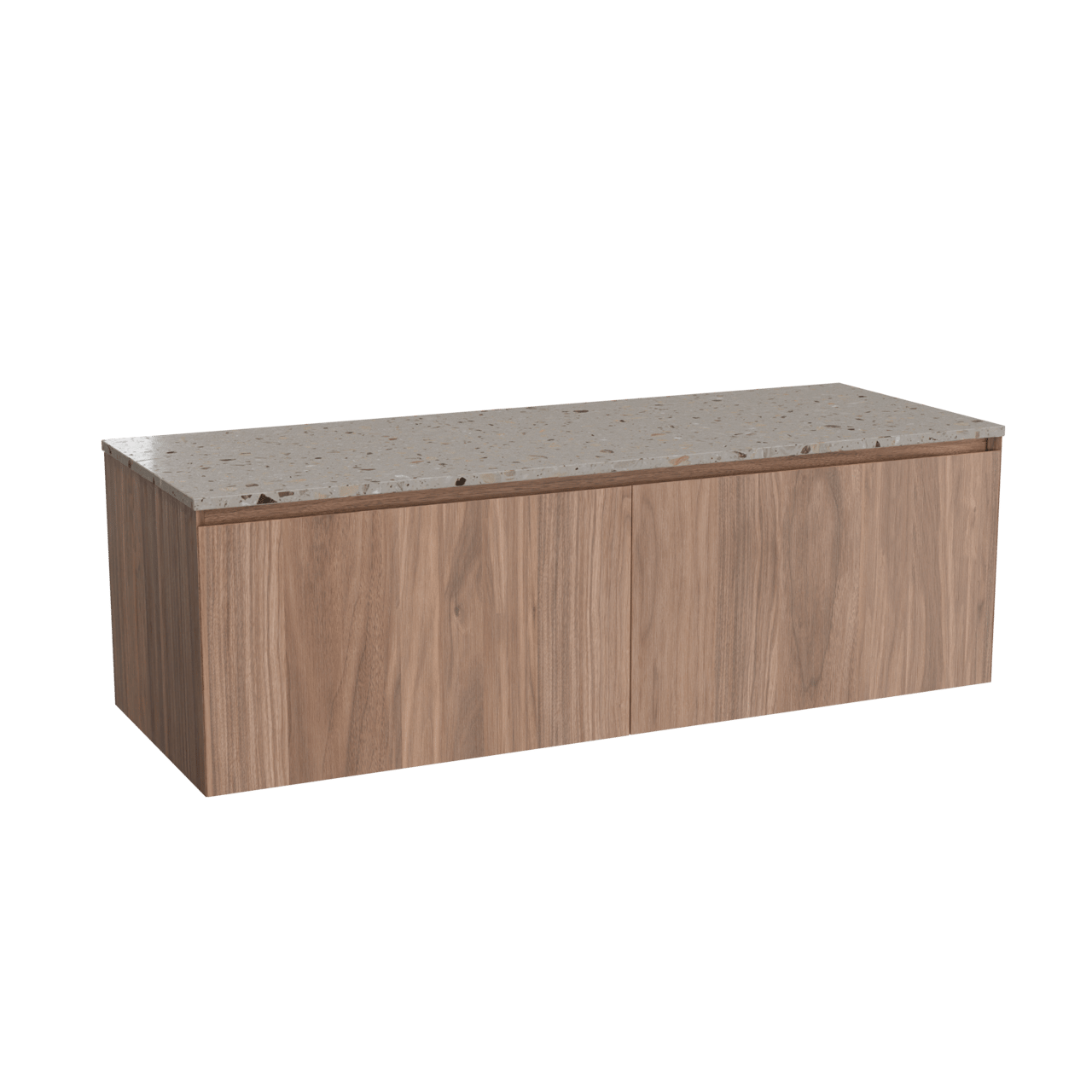 Balmani Idra hängendes Möbelstück Set: 150 x 55 cm, Nussbaum, mit Stretto Einzel- oder Doppel Waschtischplatte, Terrazzo in Greige