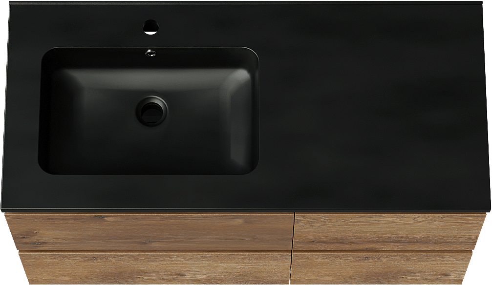 Linie Lado hängendes Möbelstück Set: 100 x 46 cm, Braune Eiche, mit Vano Waschtisch links, Marmorkomposit Schwarz matt