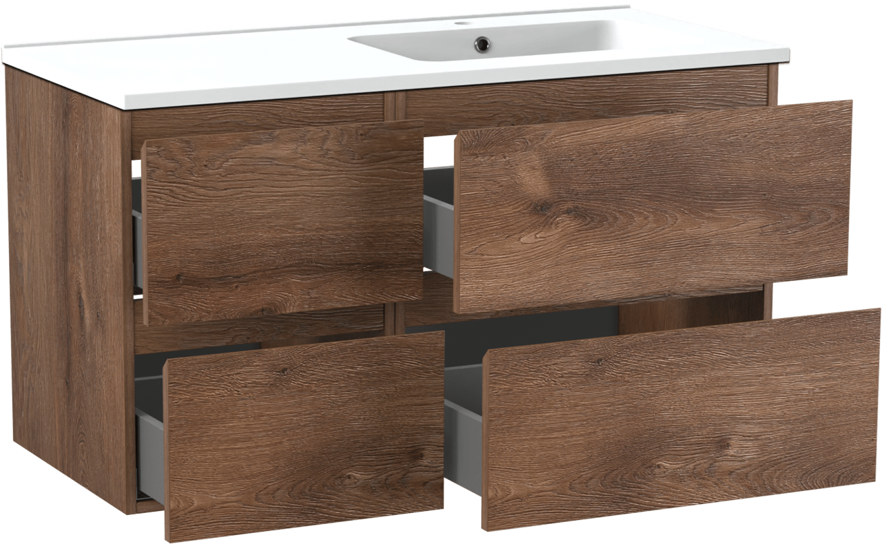 Linie Lado zwevend badkamermeubel 100 x 46 cm bruine eik met Vano asymmetrisch rechtse wastafel in composietmarmer mat wit