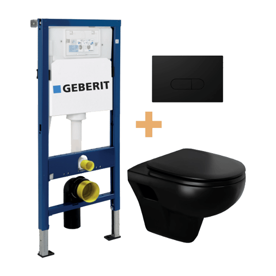 Linie Enzo mat zwart randloos met luxe wc-bril en Geberit Duofix UP100 Delta inbouwreservoir en bedieningspaneel