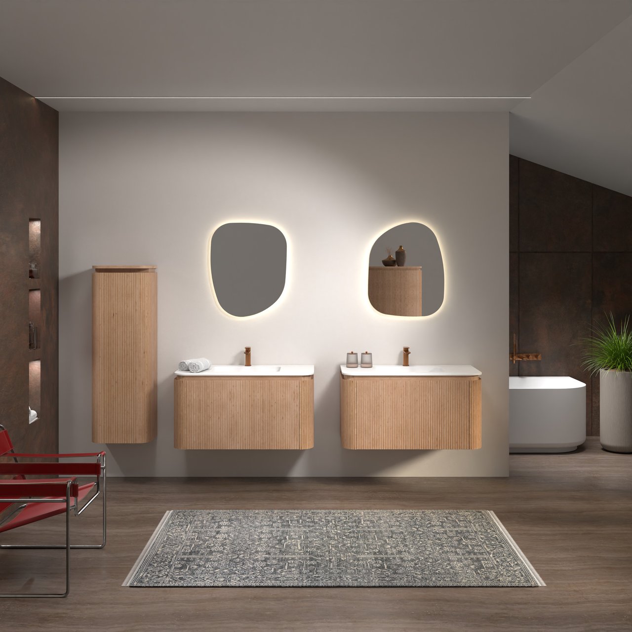 Balmani Moon hängendes Möbelstück Set: 100 x 55 cm, Naturbelassene Eiche, mit Moon Einzelwaschtisch, Solid Surface, Weiß matt, Vertikale symmetrische gerade Rippe