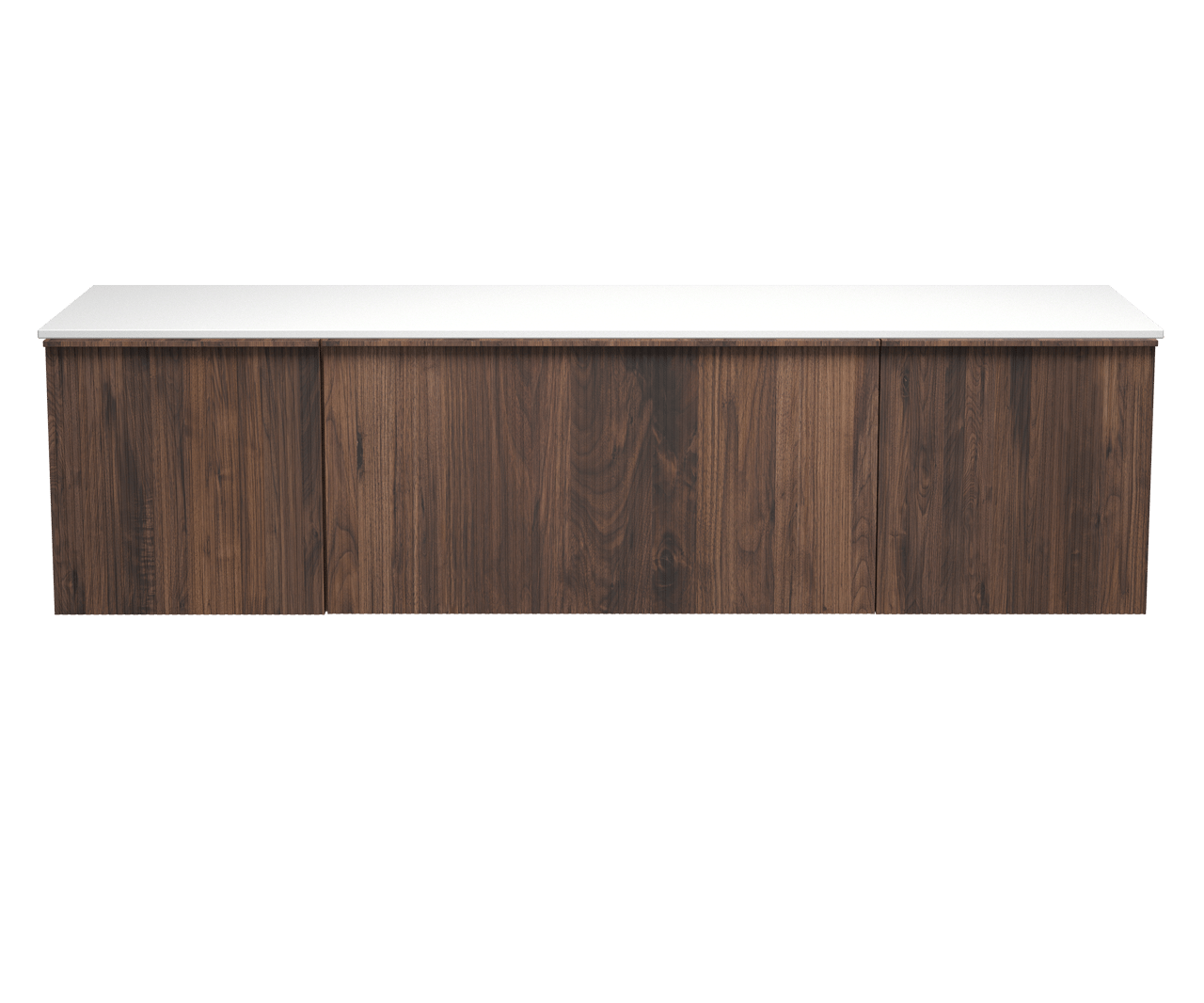 Balmani Forma zwevend badmeubel 180 x 55 cm amerikaans notenhout met Stretto enkel of dubbel wastafelblad in solid surface mat wit, Verticale symmetrische rechte ribbel