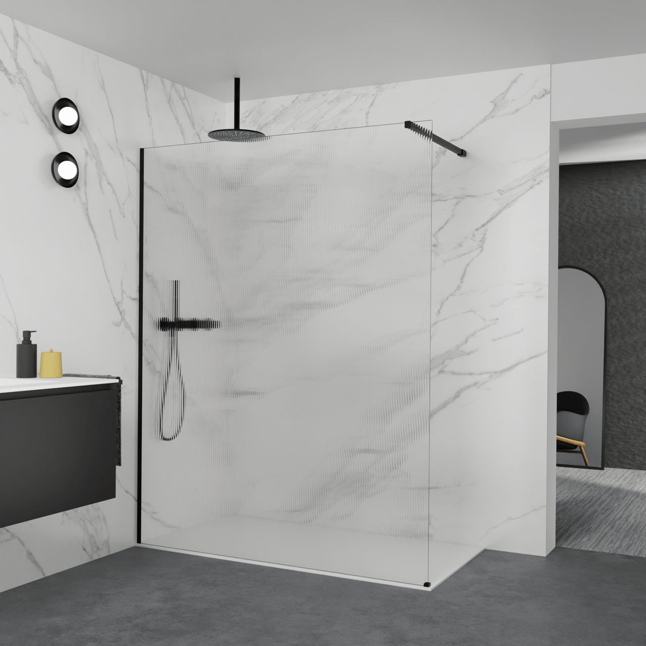 Balmani Modular inloopdouche: 160 x 200 cm, Ribs met coating, Mat zwarte profielen