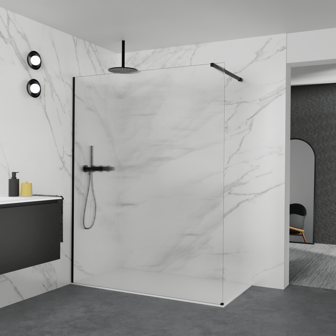Balmani Modular Walk-In Dusche: 160 x 200 cm, Ribs, inklusive Coating, Profil Schwarz matt