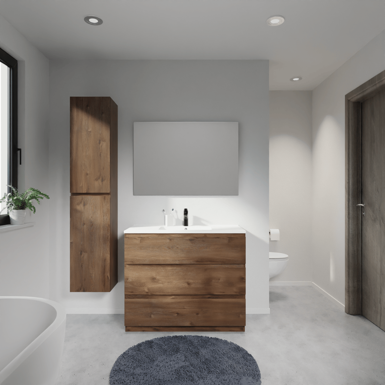 Linie Lado meuble salle de bains à poser 100 x 46 cm chêne brun avec Vano plan simple en marbre composite blanc mat