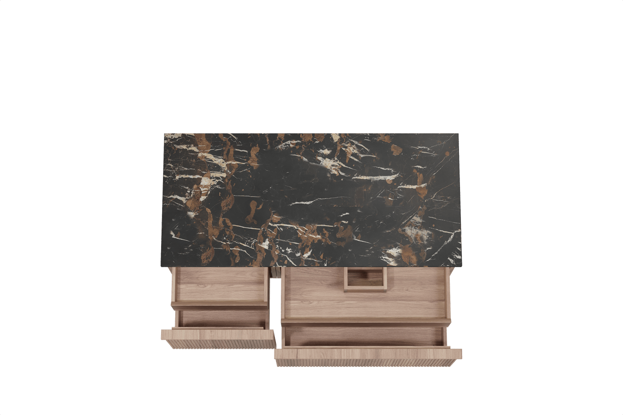 Balmani Forma zwevend badmeubel 120 x 55 cm teakhout met Stretto enkel wastafelblad in marmer portoro gold, Verticale symmetrische rechte ribbel