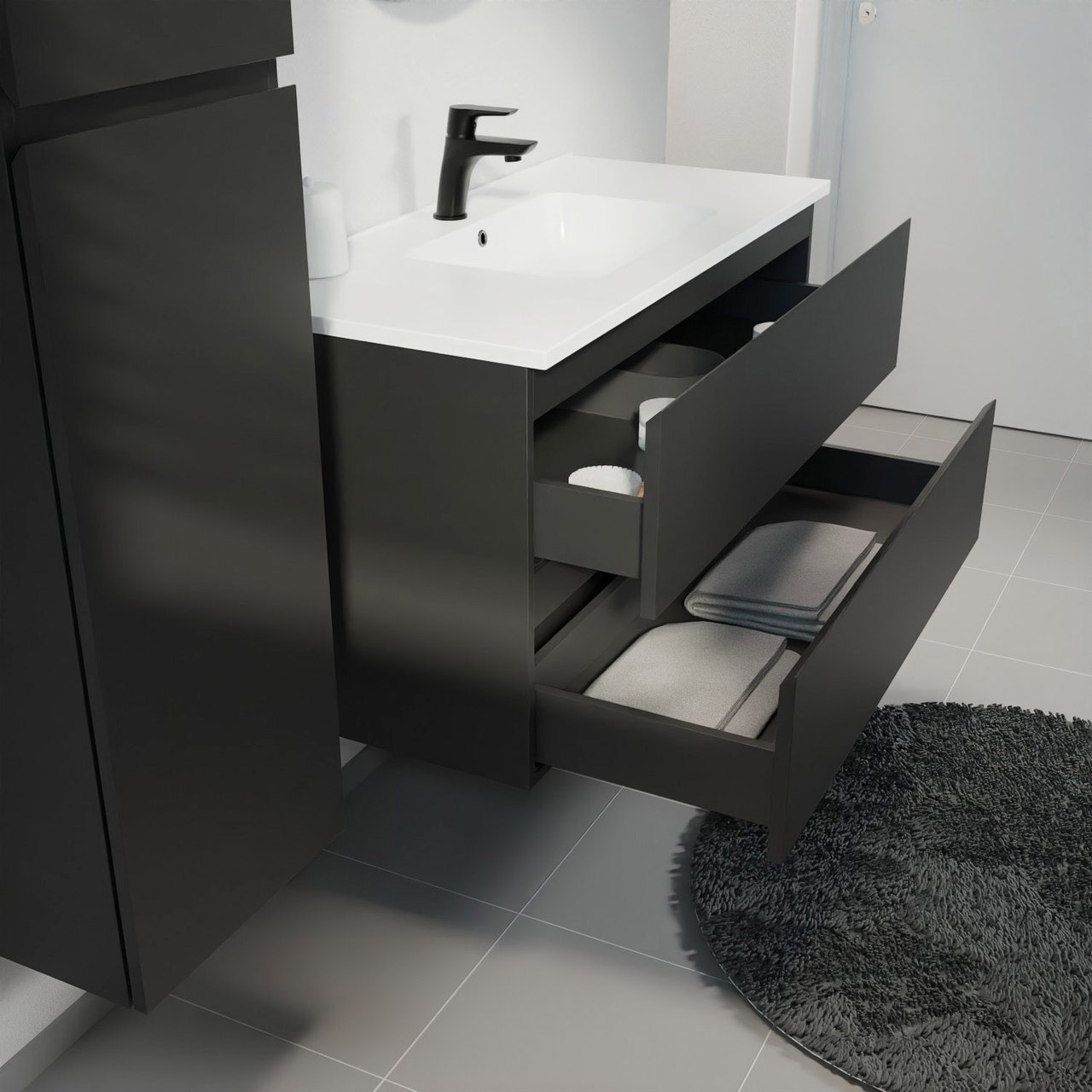 Linie Lado meuble salle de bains suspendu 100 x 46 cm noir mat avec Vano plan simple en marbre composite blanc mat