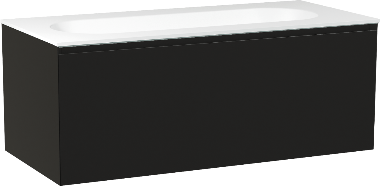 Balmani Idra zwevend badmeubel 120 x 55 cm mat zwart met Tablo Oval enkele wastafel voor 2 kraangaten in solid surface mat wit