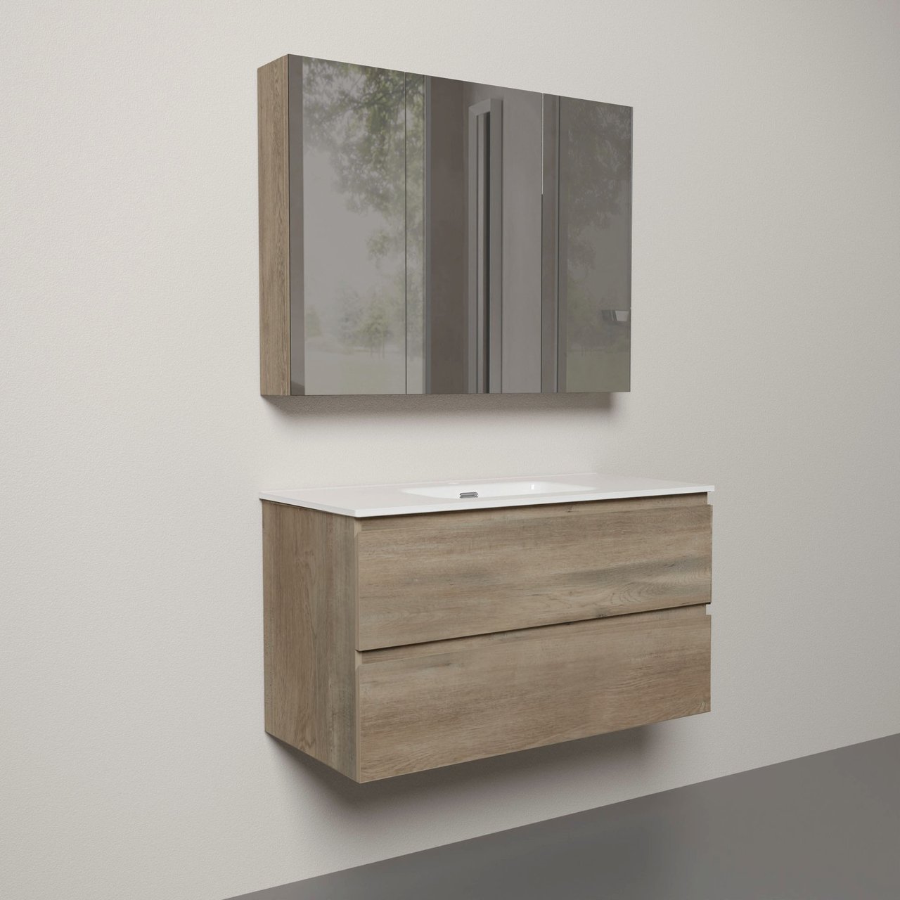 Linie Lado hängendes Möbelstück Set: 100 x 46 cm, Graue Eiche, mit Baro Einzelwaschtisch im Porzellan Weiß glänzend und Montro Spiegelschrank