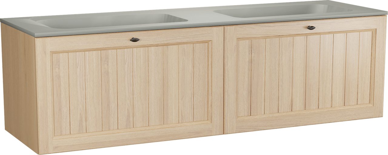 Balmani Lemon zwevend badkamermeubel 180 x 55 cm, fineer natuur eik met Tablo Strada dubbele wastafel in zijdegrijs