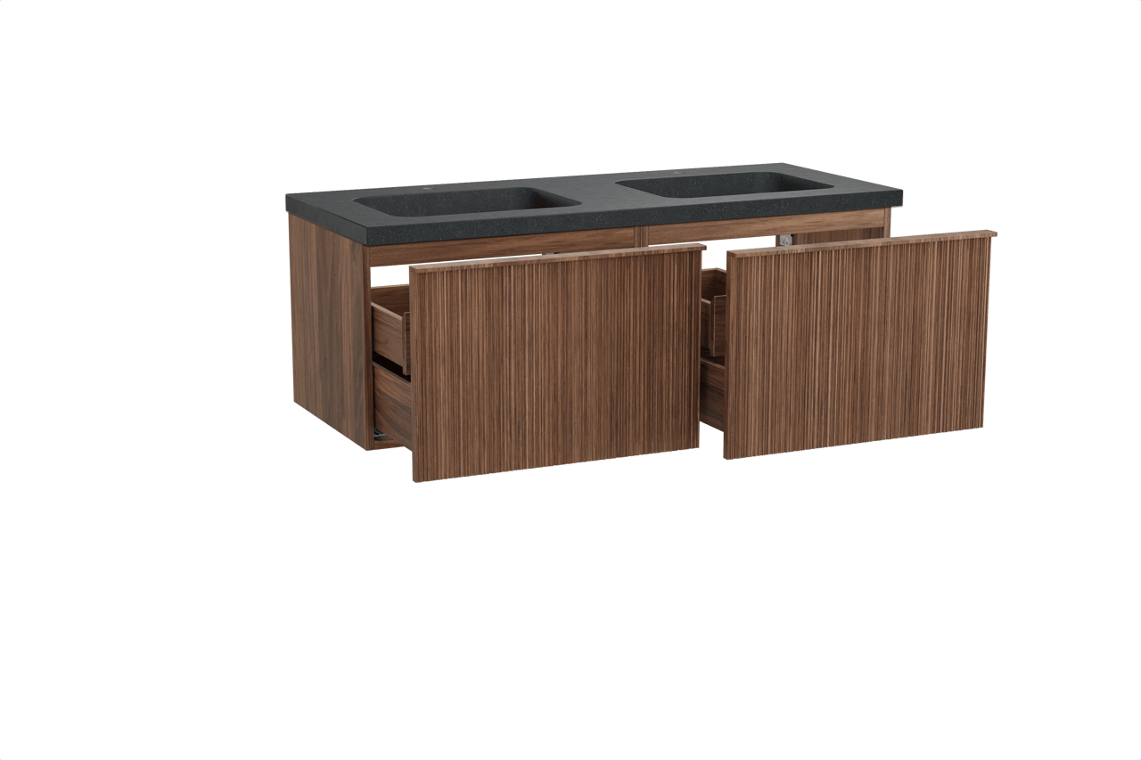 Balmani Forma hängendes Möbelstück Set: 135 x 55 cm, Amerikanischer Nussbaum, mit Napoli Doppelwaschtisch, Granit, Schwarzes Granit, Vertikale asymmetrische Runde Rippe