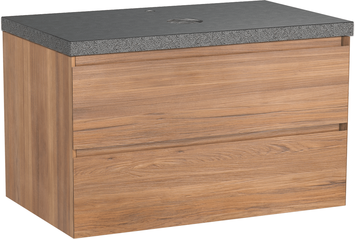 Balmani Mitra zwevend badmeubel 90 x 55 cm teakhout met Rock enkel wastafelblad in zwart graniet