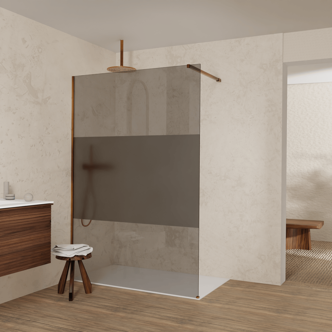 Balmani Modular Walk-In Dusche: 140 x 200 cm, Rauchglas mit mattiertem Streifen, inklusive Coating, Profil Brushed Rosegold