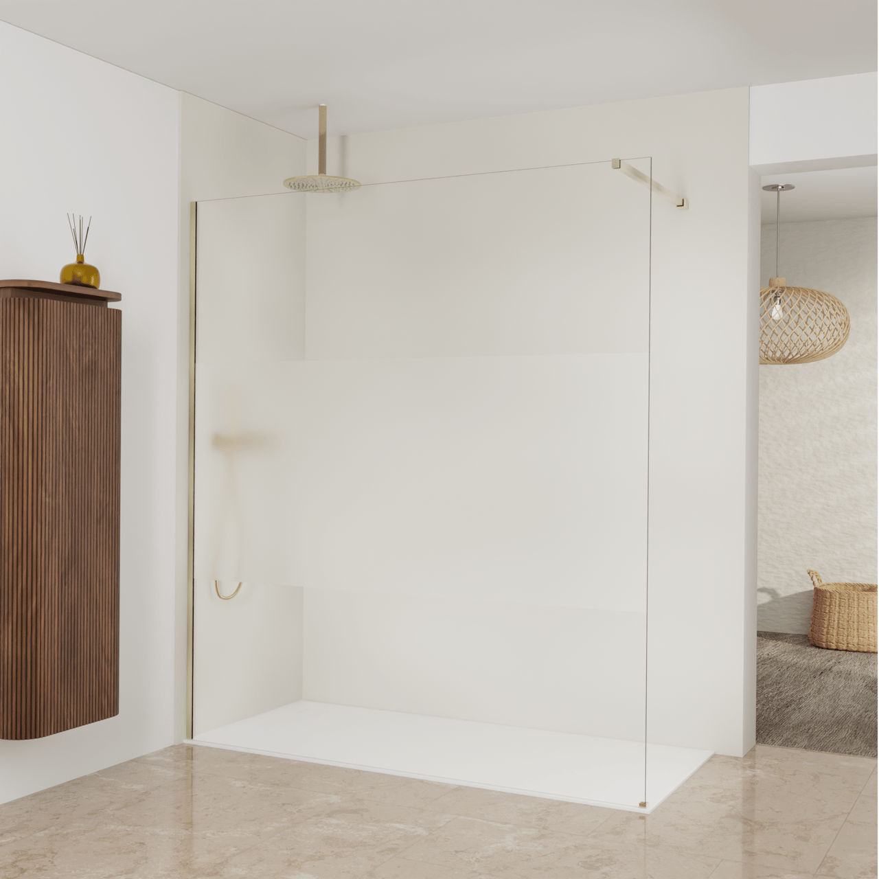 Balmani Modular douche à l'italienne: 180 x 200 cm, Verre transparent avec bande matte, avec coating, Profil Brushed Champagne Gold