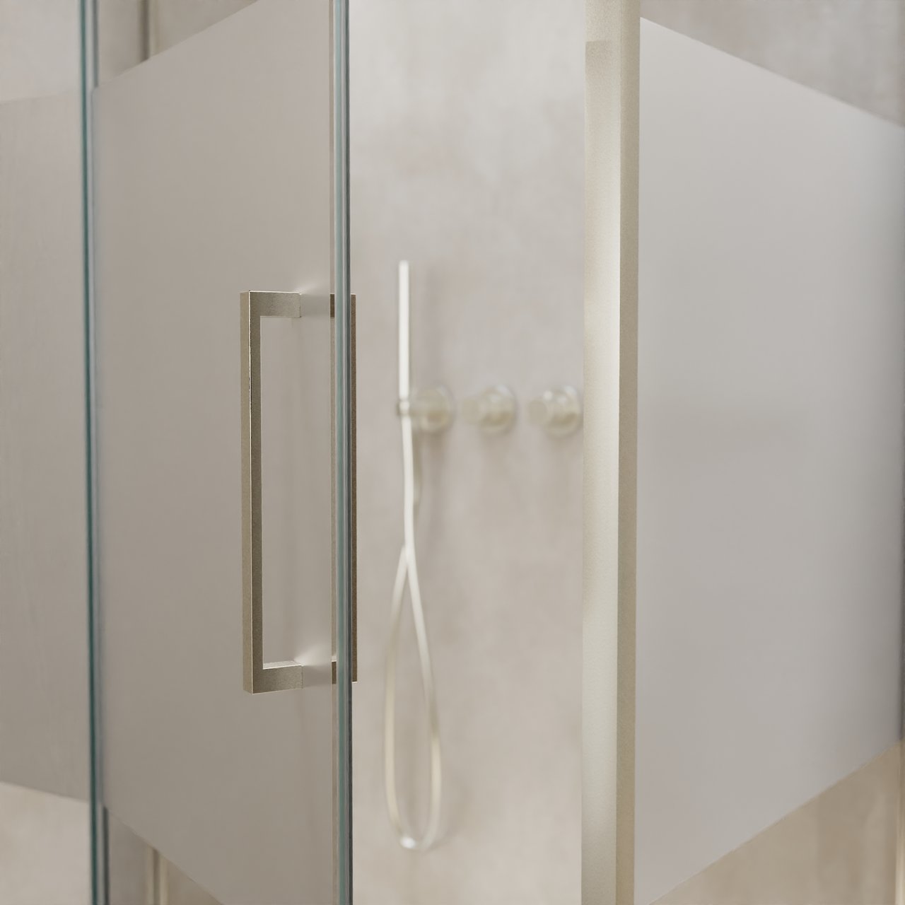 Balmani Senses Design Eckdusche: Drehtür (Links) mit fixierte Seitenwand, 100 x 90 cm, Klarglas mit mattiertem Streifen, Profil Brushed CoolMetal