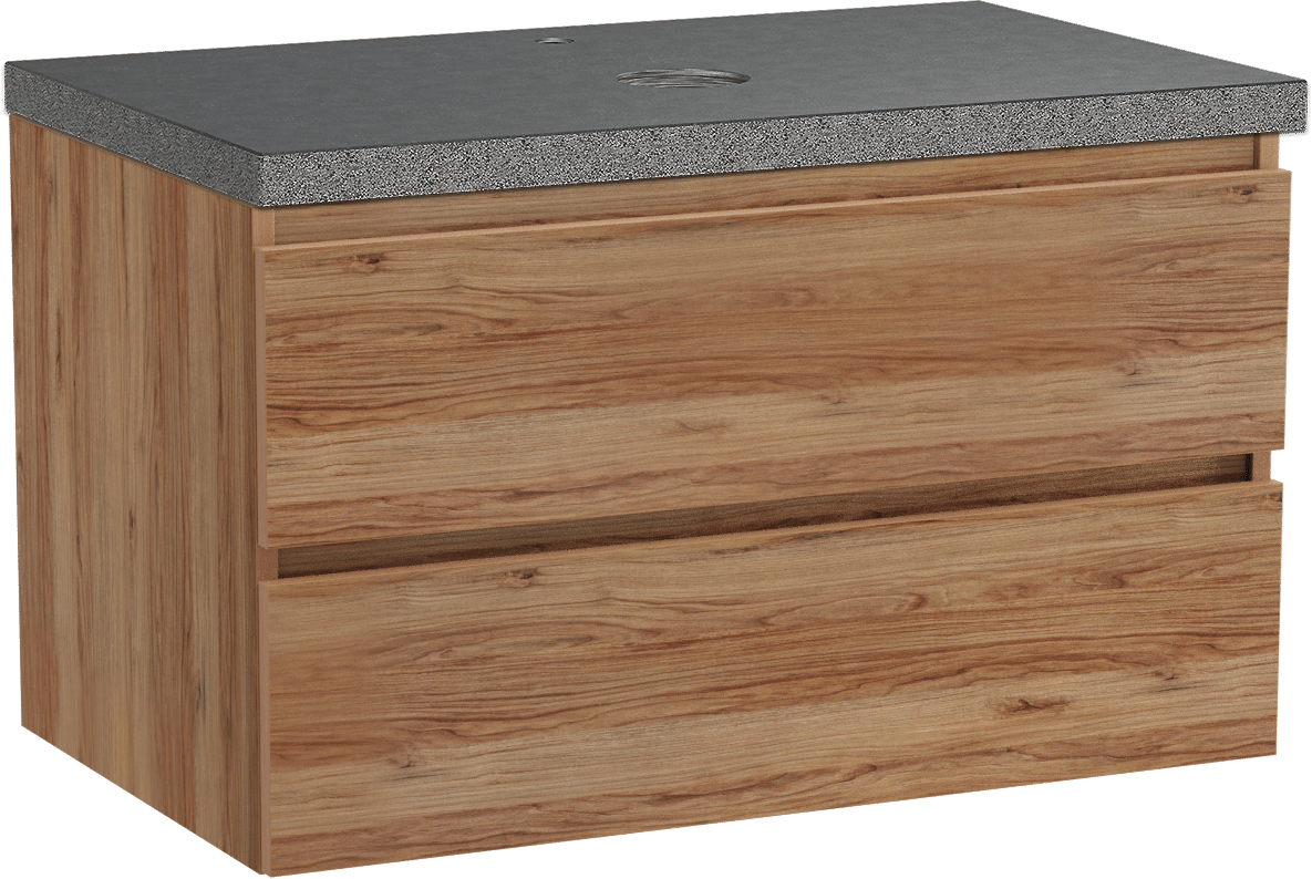 Balmani Lucida hängendes Möbelstück Set: 90 x 55 cm, Teak, mit Rock Einzel Waschtischplatte, Schwarzes Granit