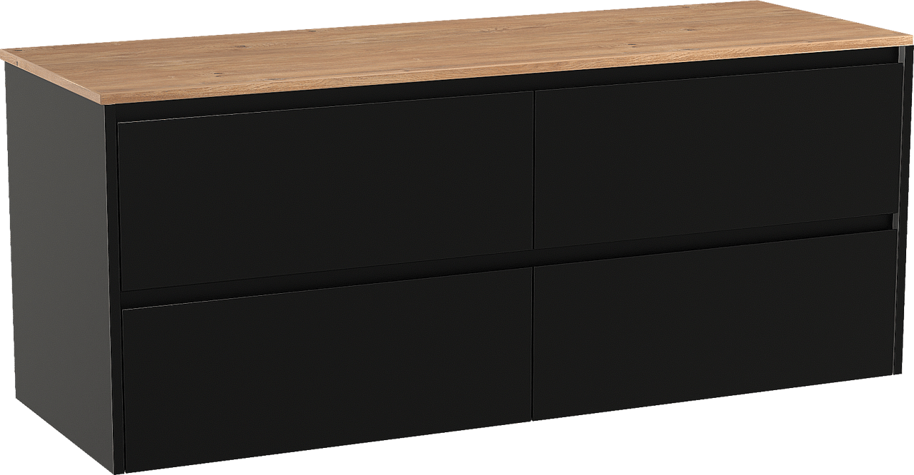 Storke Seda zwevend badmeubel 150 x 52 cm mat zwart met Panton enkel of dubbel wastafelblad in melamine ruw eiken