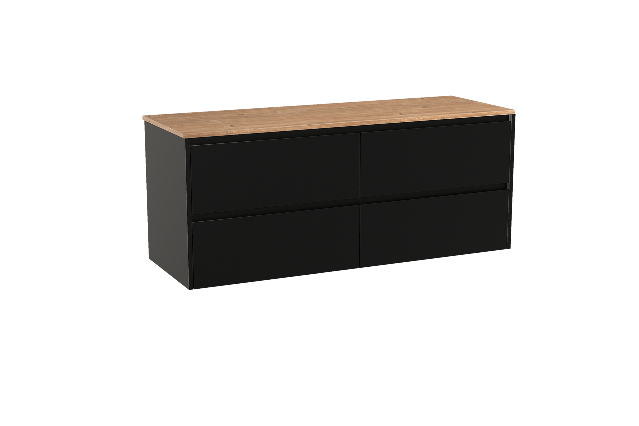 Storke Seda zwevend badkamermeubel 150 x 52 cm mat zwart met Panton enkel of dubbel tablet in melamine ruwe eik