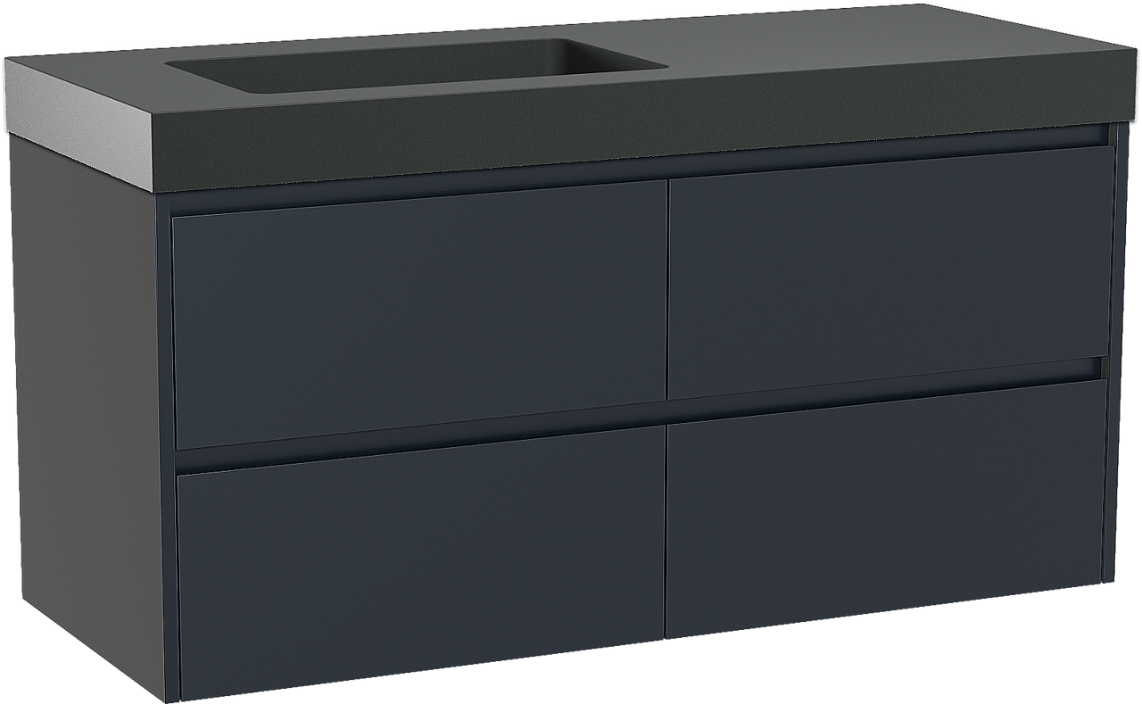 Storke Seda zwevend badmeubel 130 x 52 cm nachtblauw met Scuro High asymmetrisch linkse wastafel in kwarts mat zwart