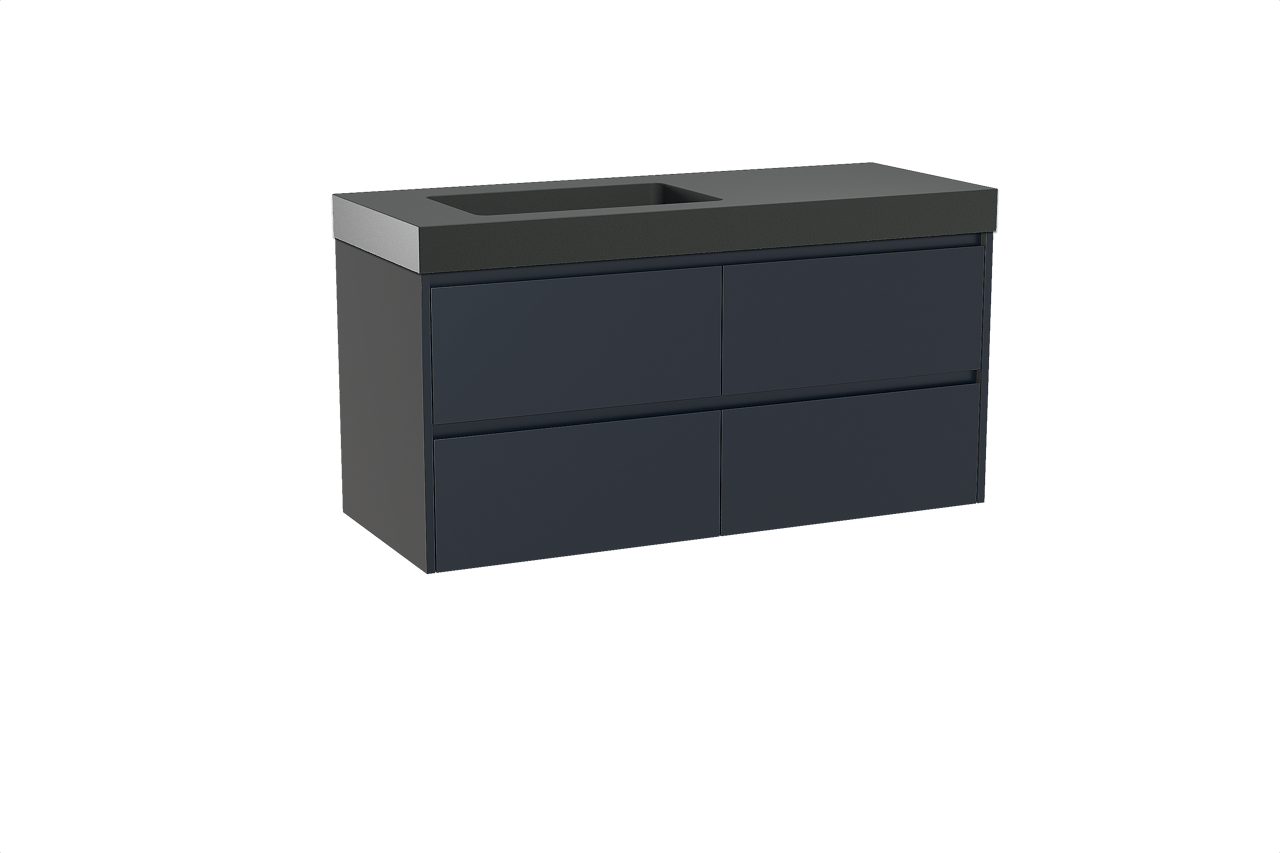 Storke Seda zwevend badkamermeubel 130 x 52 cm nachtblauw met Scuro High asymmetrisch linkse wastafel in kwarts mat zwart