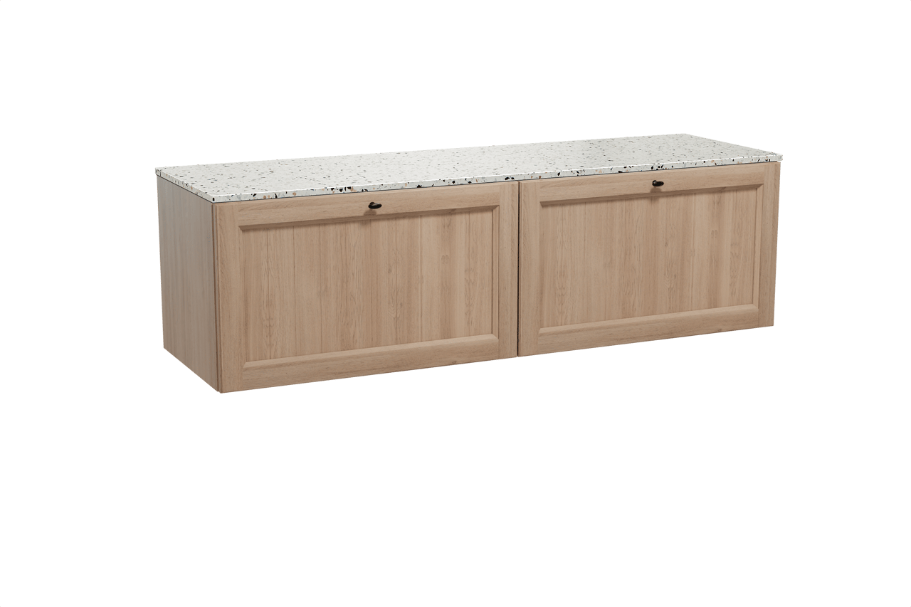 Balmani Lemon hängendes Möbelstück Set: 180 x 55 cm, Verwitterte Eiche, mit Stretto Einzel- oder Doppel Waschtischplatte, Terrazzo in Weiß/Schwarz matt