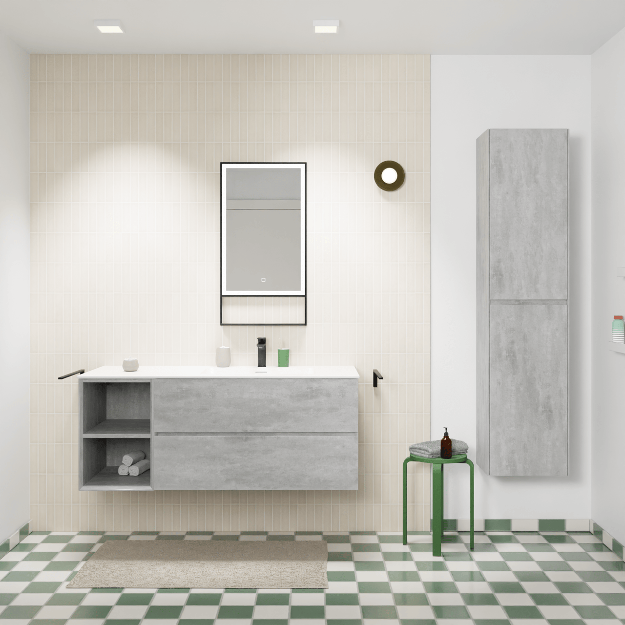 Storke Edge zwevend badmeubel 130 x 52 cm beton donkergrijs met Mata asymmetrisch rechtse wastafel in solid surface mat wit