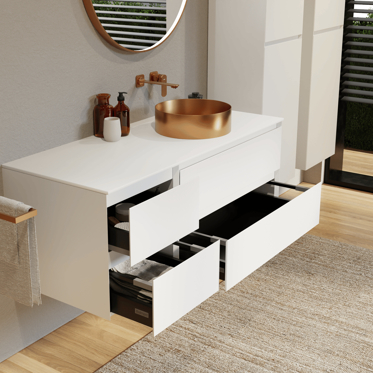 Balmani Mitra meuble salle de bains suspendu 135 x 55 cm blanc mat avec Stretto tablette simple ou double en solid surface blanc mat