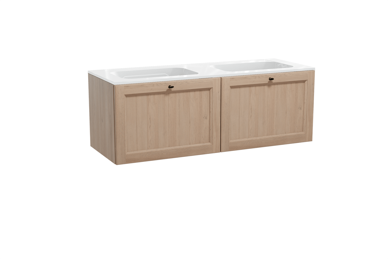 Balmani Lemon hängendes Möbelstück Set: 150 x 55 cm, Verwitterte Eiche, mit Tablo Strada Doppelwaschtisch, Marmorkomposit Weiß glänzend