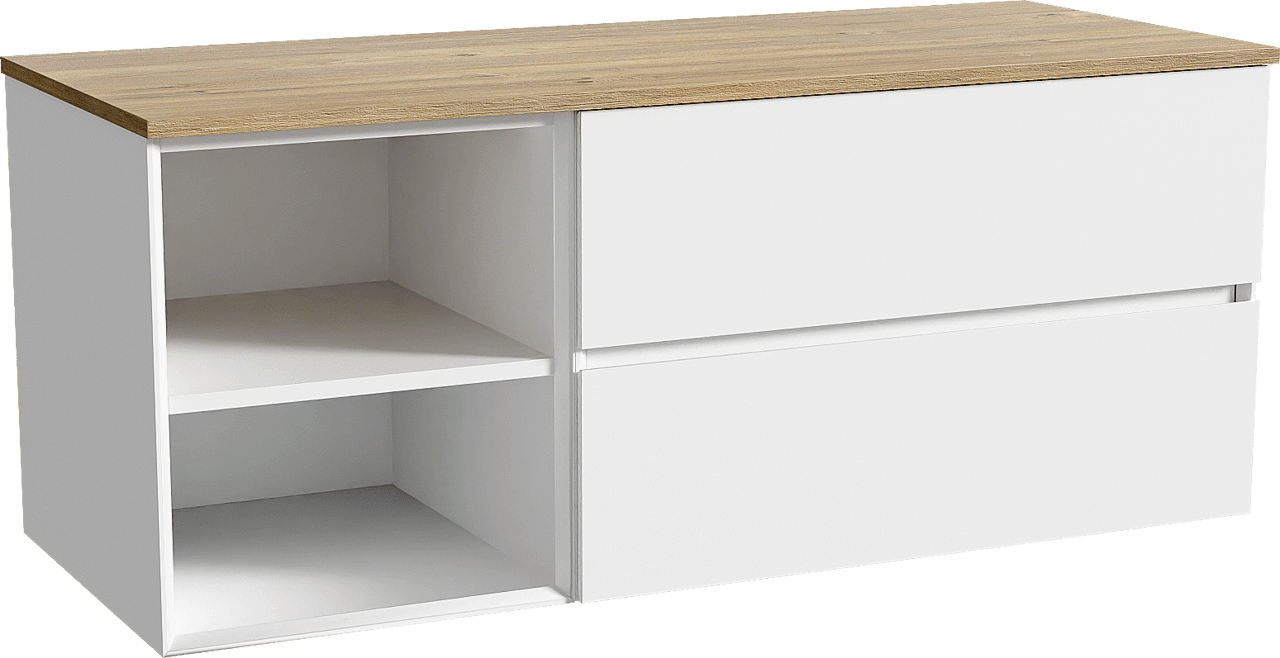 Storke Edge zwevend badkamermeubel 130 x 52 cm mat wit met Panton enkel of dubbel tablet in melamine ruwe eik