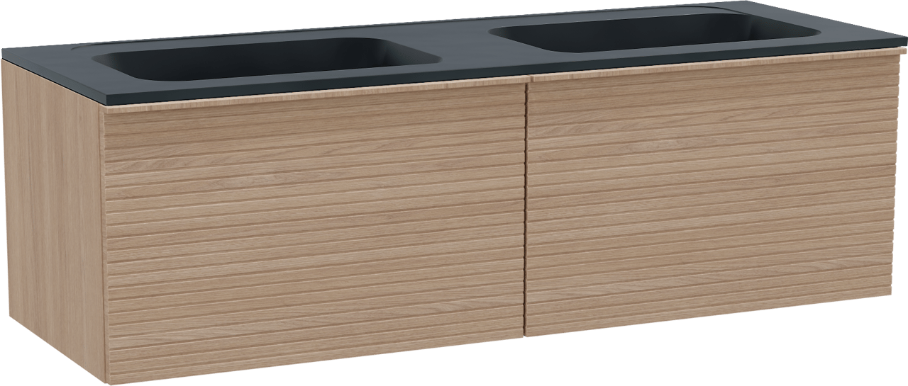Balmani Forma zwevend badmeubel 150 x 55 cm naturel eiken met Tablo Strada dubbele wastafel in composietmarmer mat zwart, Horizontale symmetrische rechte ribbel