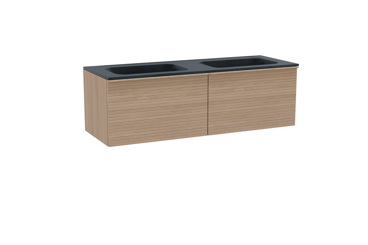 Balmani Forma zwevend badkamermeubel 150 x 55 cm natuur eik met Tablo Strada dubbele wastafel in composietmarmer mat zwart, Horizontale symmetrische rechte ribbel