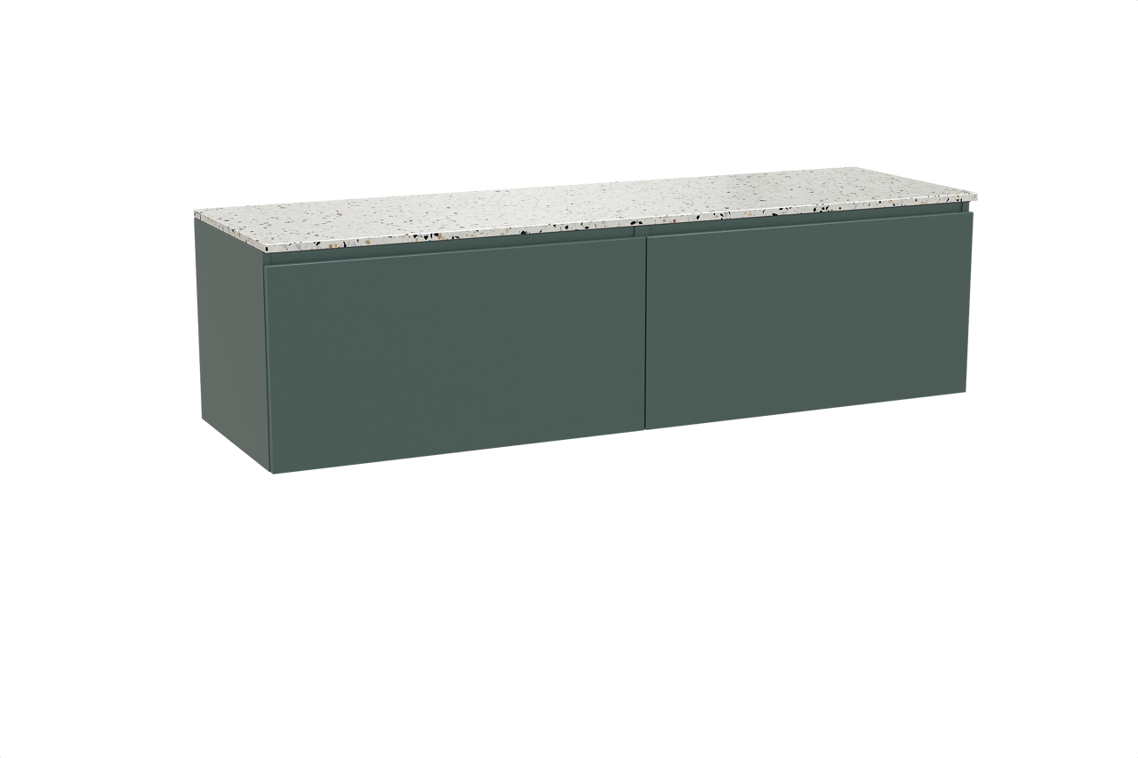 Balmani Sfera hängendes Möbelstück Set: 180 x 55 cm, Forest, mit Stretto Einzel- oder Doppel Waschtischplatte, Terrazzo in Weiß/Schwarz matt