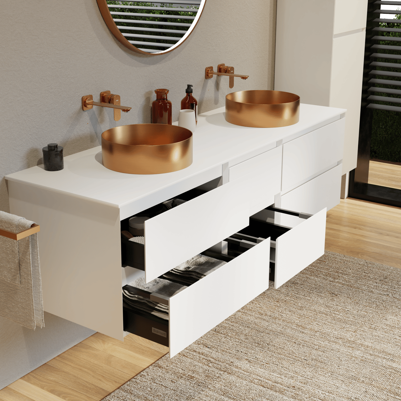 Balmani Mitra meuble salle de bains suspendu 180 x 55 cm blanc mat avec Stretto tablette simple ou double en solid surface blanc mat