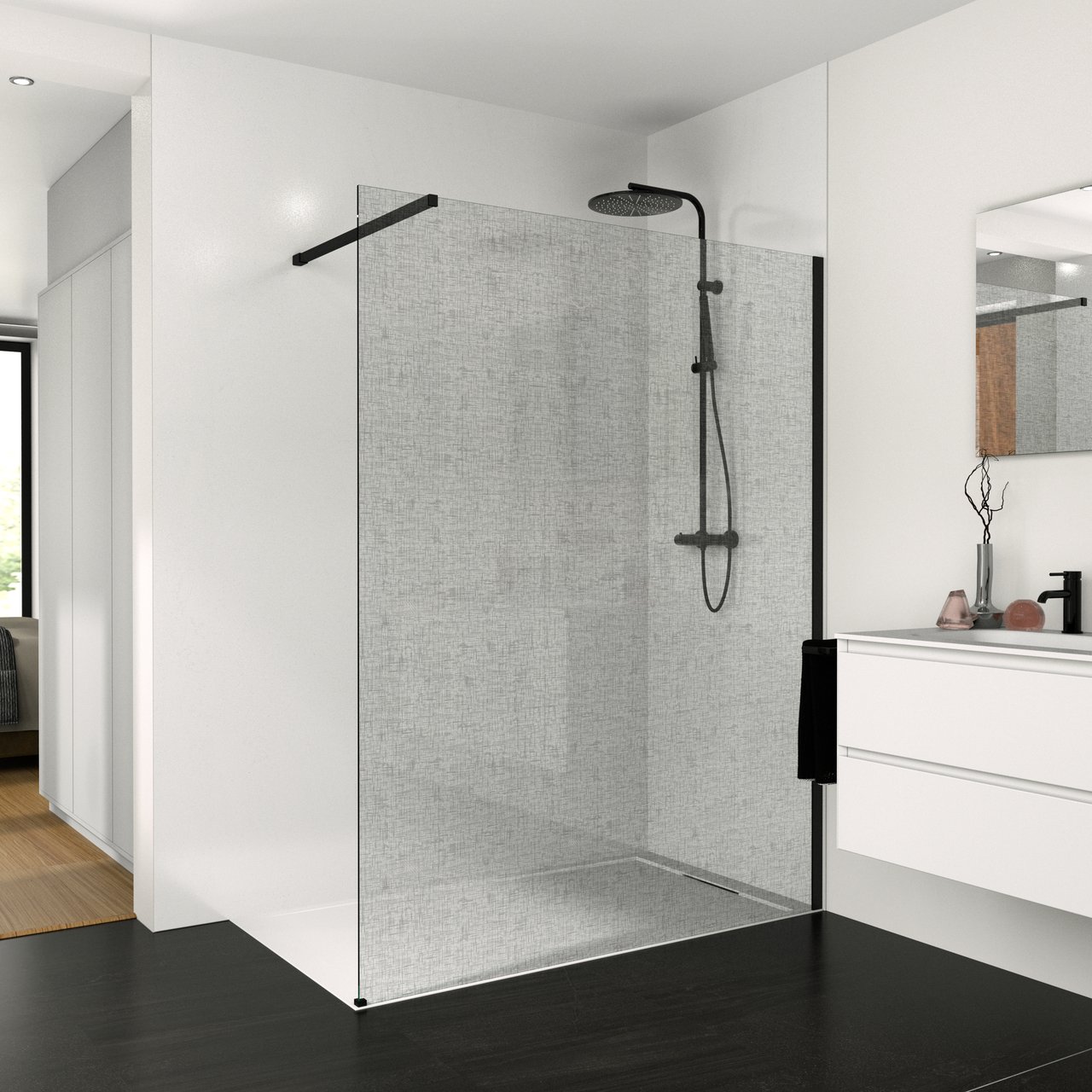 Balmani Modular Walk-In-Dusche 80 x 200 cm, Leinen schwarz Glas , Profil schwarz matt