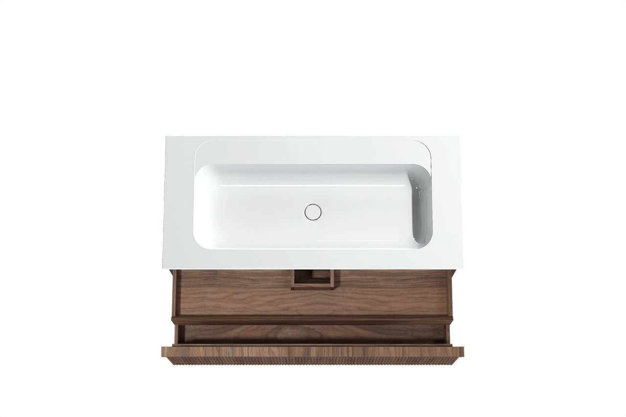 Balmani Forma meuble salle de bains suspendu 120 x 55 cm noyer américain avec Tablo Strada plan simple en marbre composite blanc brillant, Nervure droite symétrique verticale