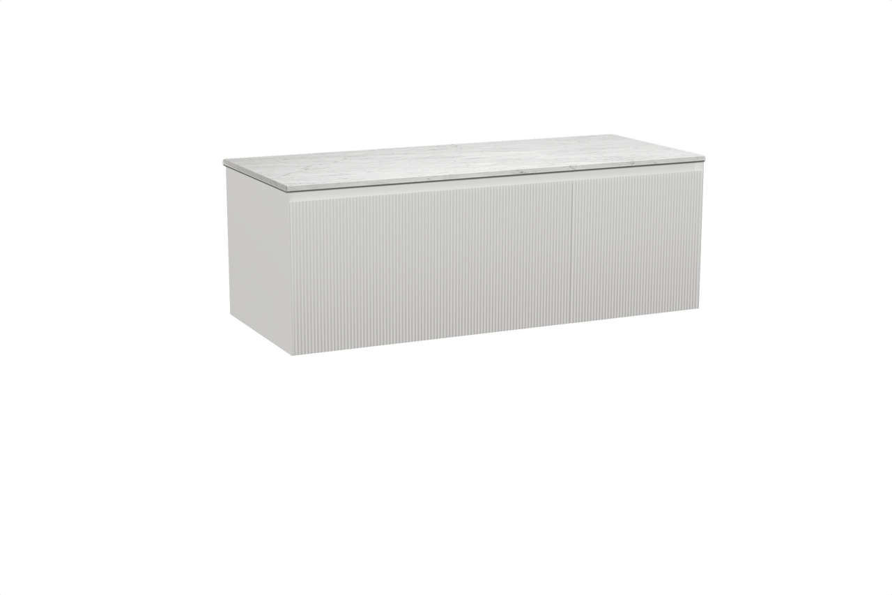 Balmani Fila zwevend badkamermeubel 135 x 55 cm mat wit met Stretto enkel of dubbel tablet in marmer carrara, Verticale symmetrische rechte ribbel